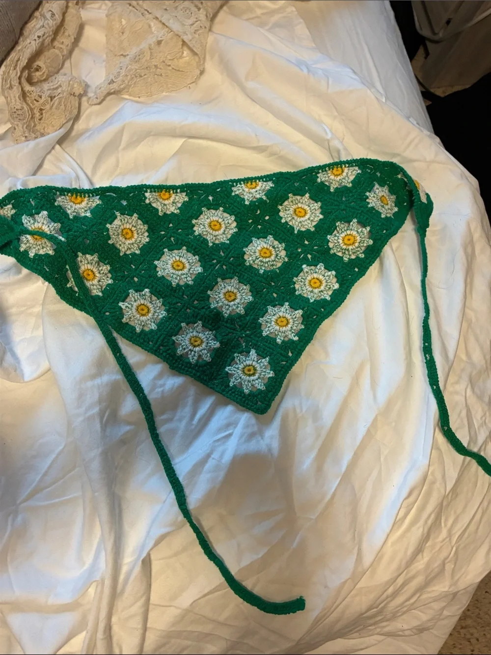 Green Crochet Daisy Triangle Bandana